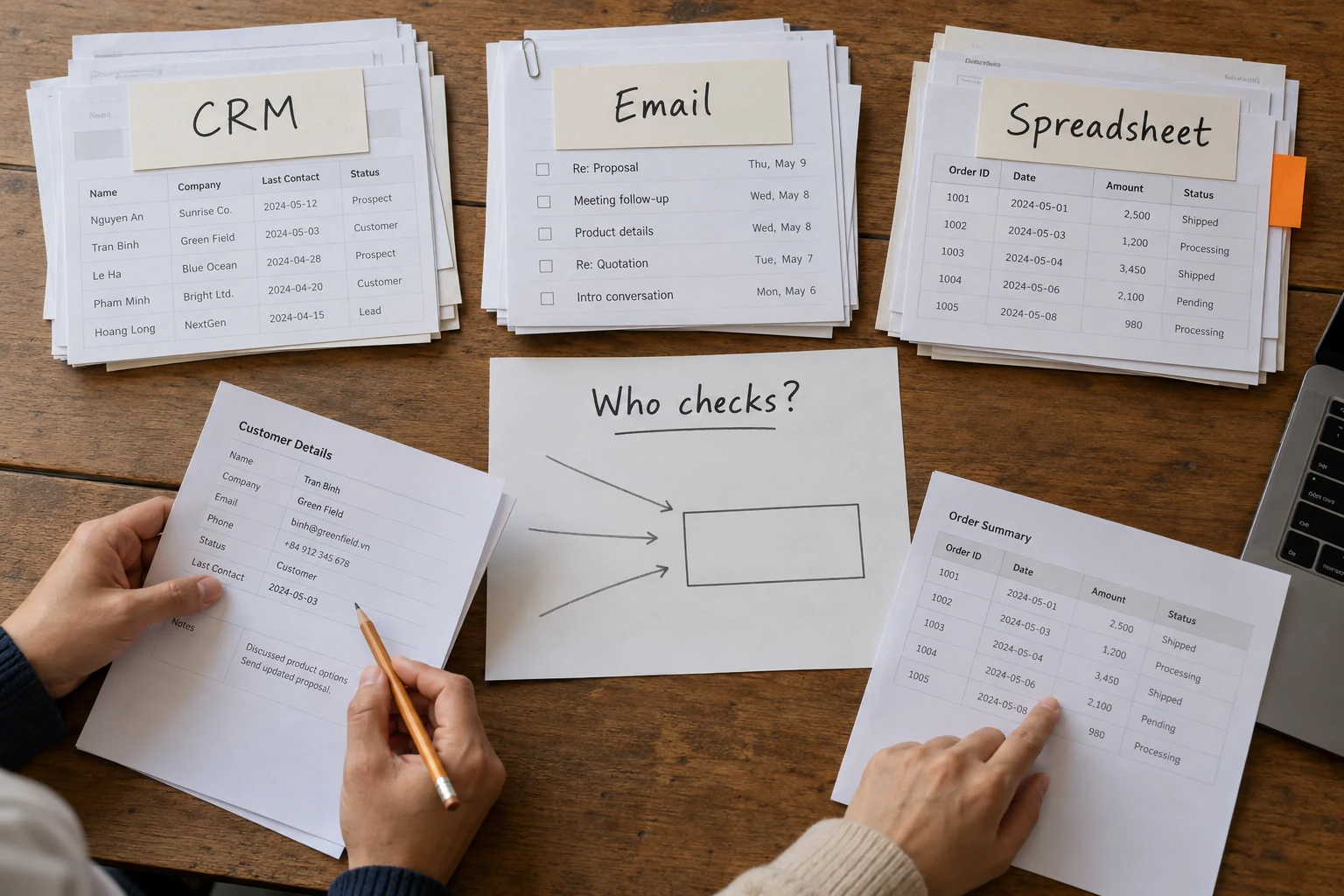 Data across CRM, email and spreadsheets needs a connected workflow and a named reviewer.