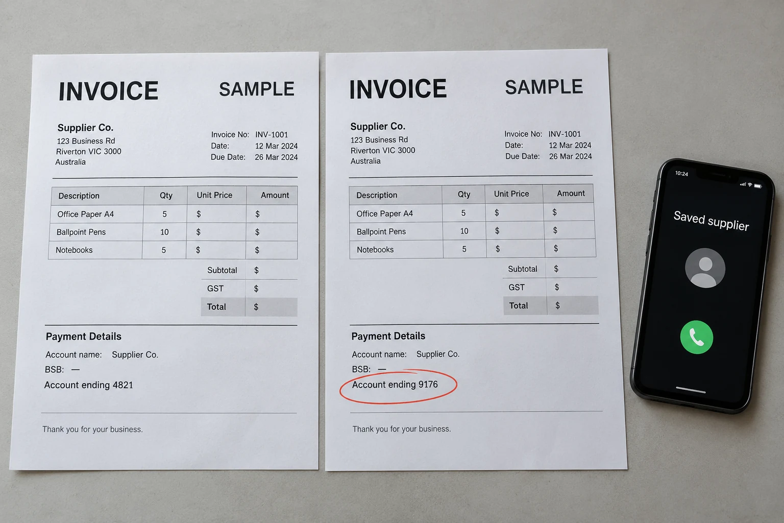 An almost identical invoice with changed payment details: verify using a previously saved supplier number.