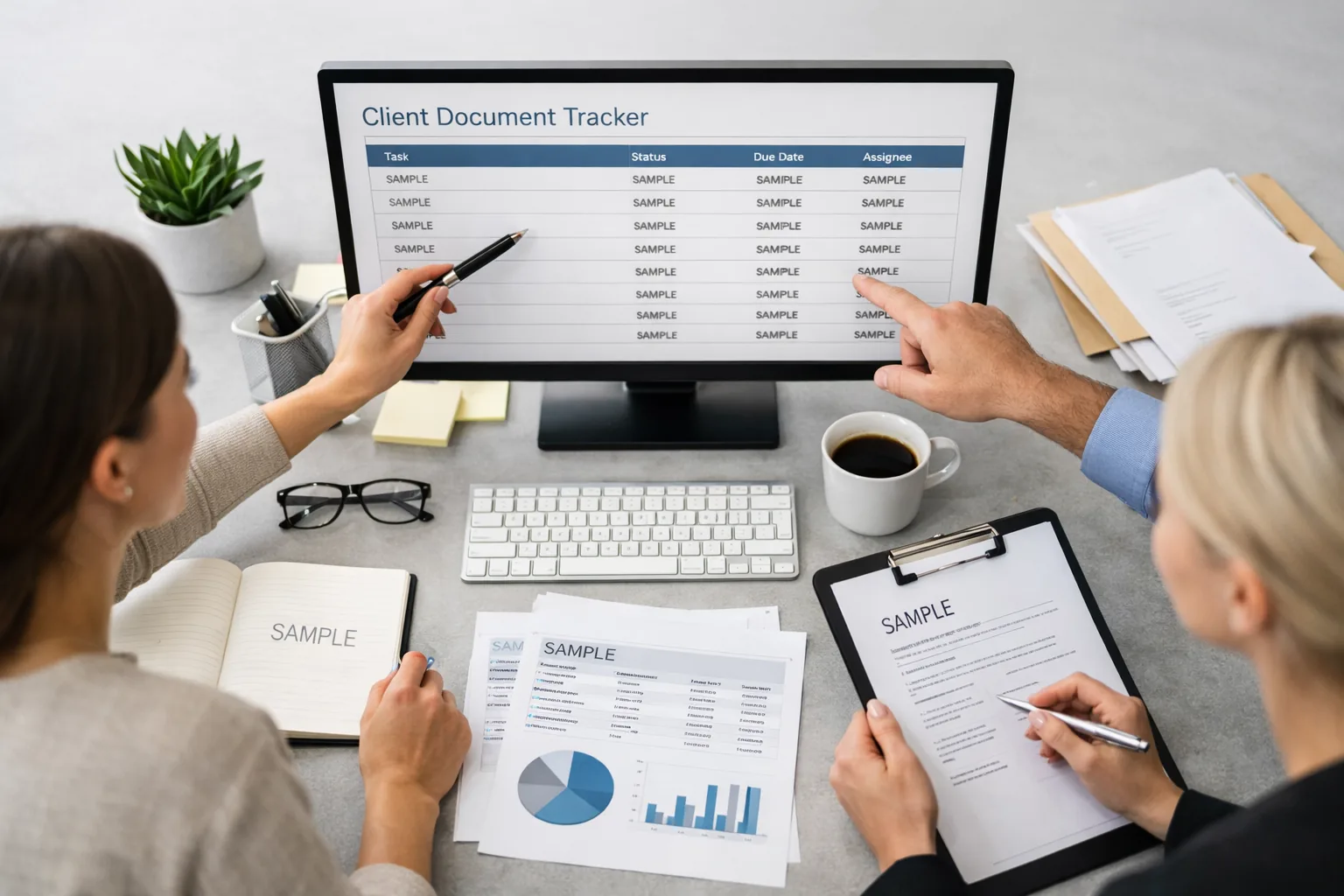 Staff at an accounting and migration office reviewing a client document tracker on screen, illustrating accounting firm automation