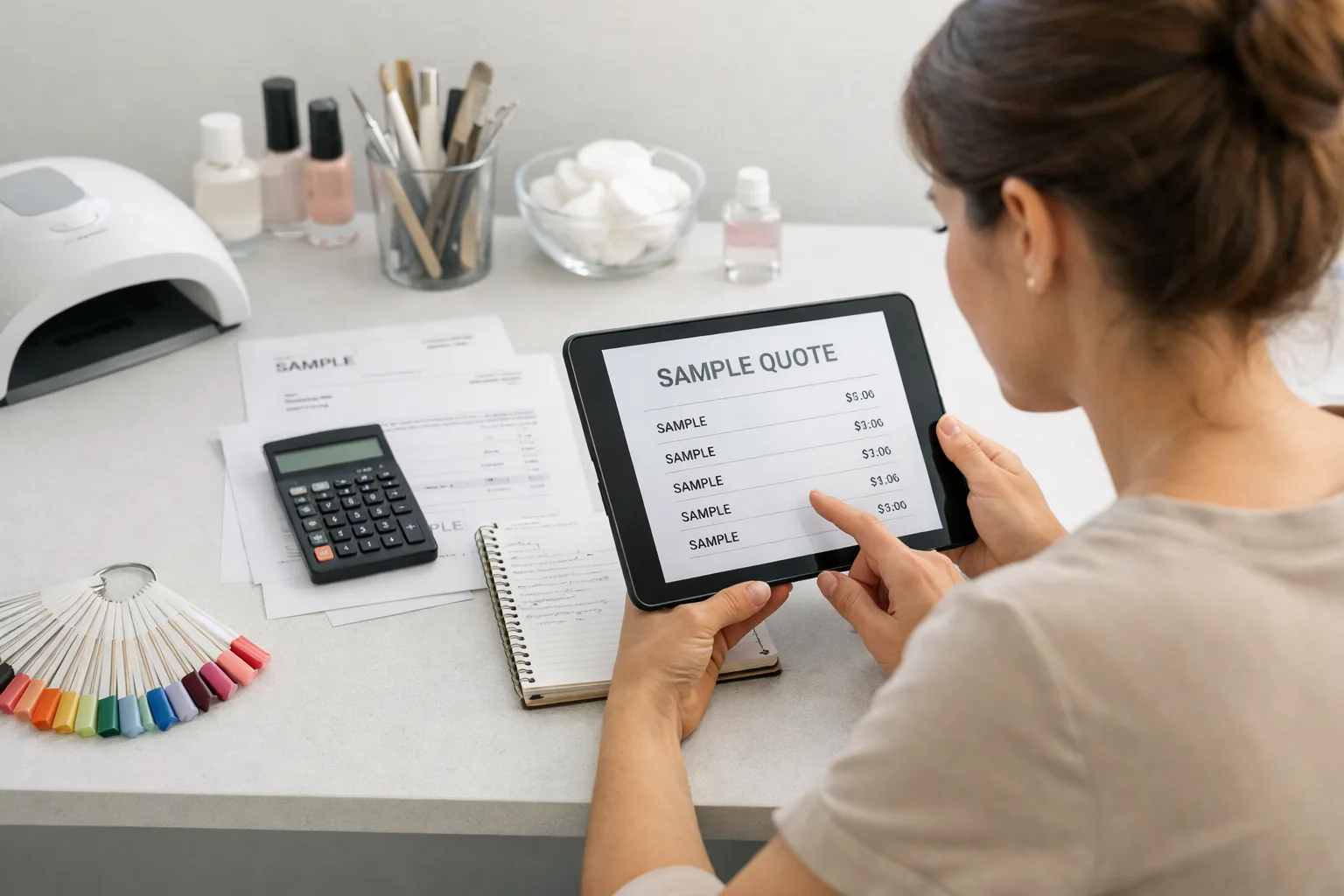 Nail salon owner reviewing a quote for nail salon website cost in Melbourne on a tablet beside a manicure table