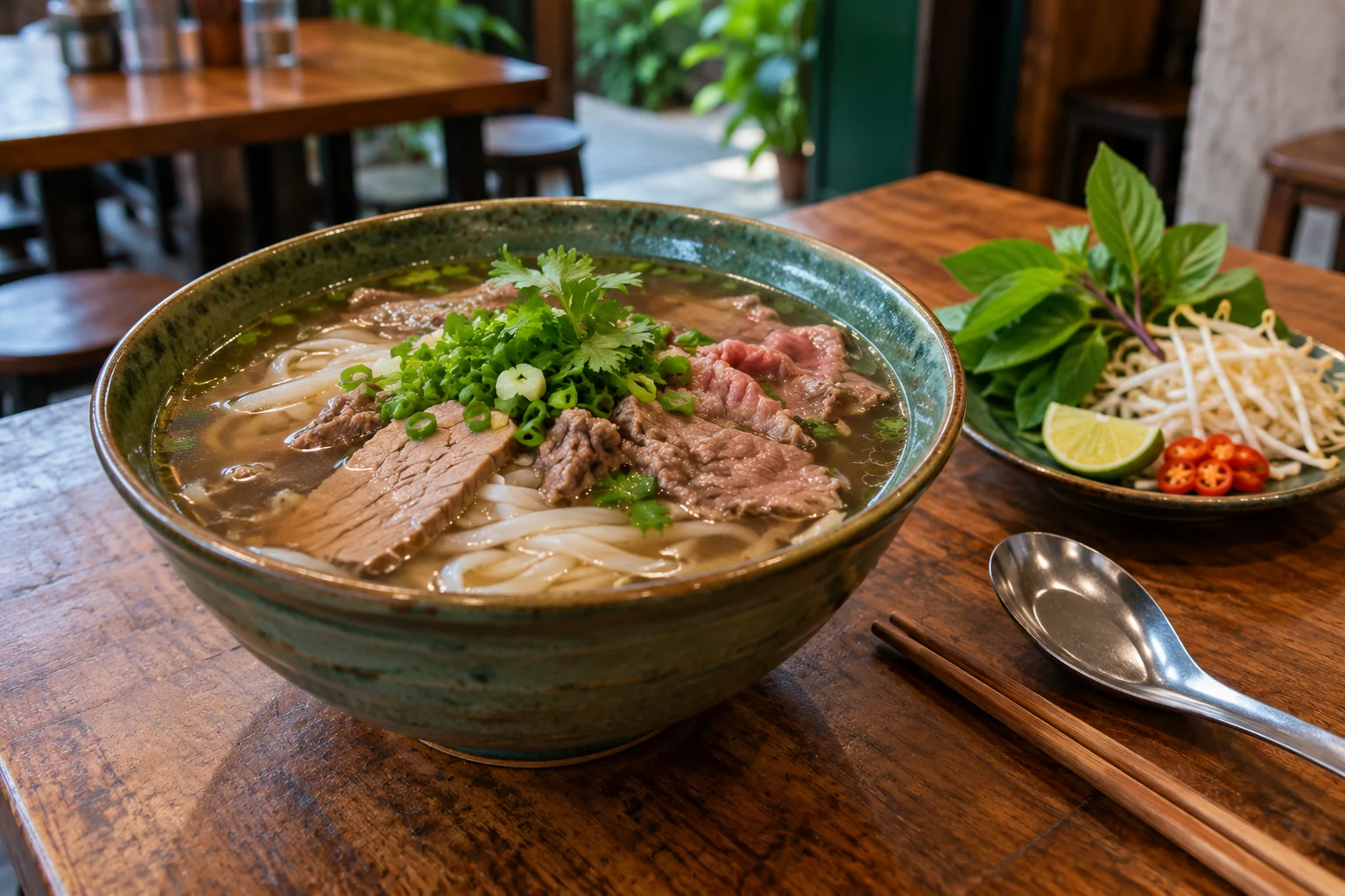 Illustrative Vietnamese beef pho with fresh herbs