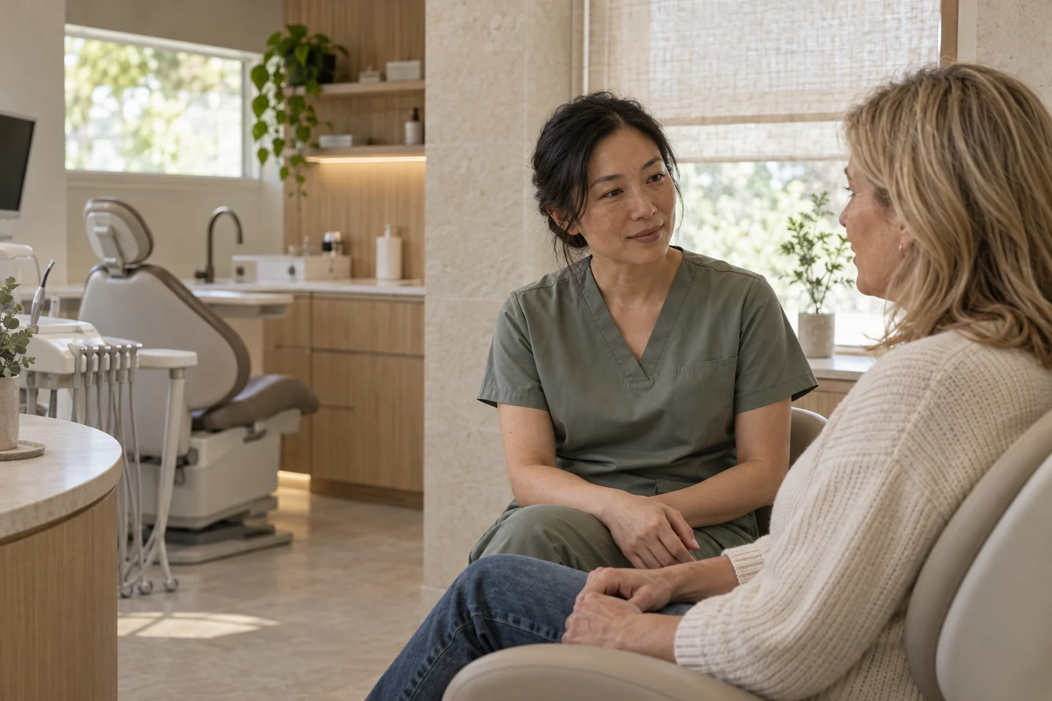Illustrative dentist and patient talking before an appointment